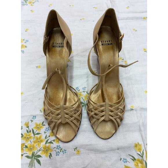 Stuart Weitzman Women’s Strappy Gold Leather Sandals Heels Size 9M Spain - Picture 1 of 15